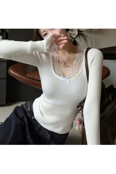 Köstebek Long Sleeve Blouse with Bow Lace Collar and Sleeves