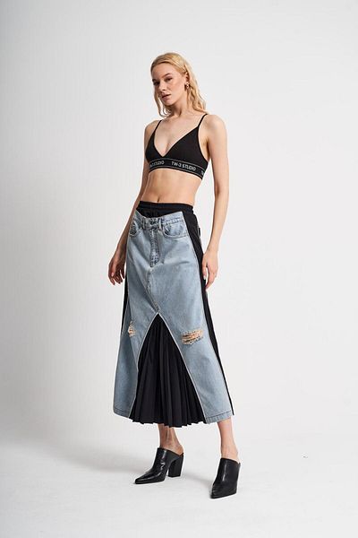 tw3 Fusta plisată cu detaliu din denim