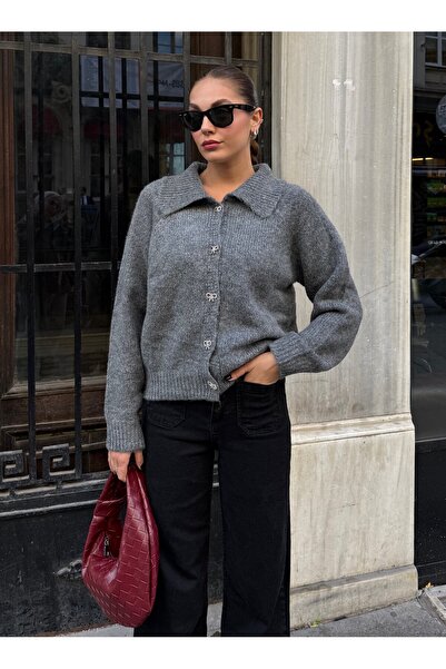 Laluvia Anthracite Stone Bow Button Cardigan-4475