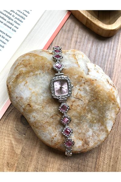 Coliseum Elegant Silver Inside Pink Women's Wristwatch with Square Stones