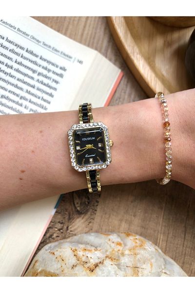 Coliseum Rectangular Square Elegant Inside Black Gold-Black Women's Wristwatch