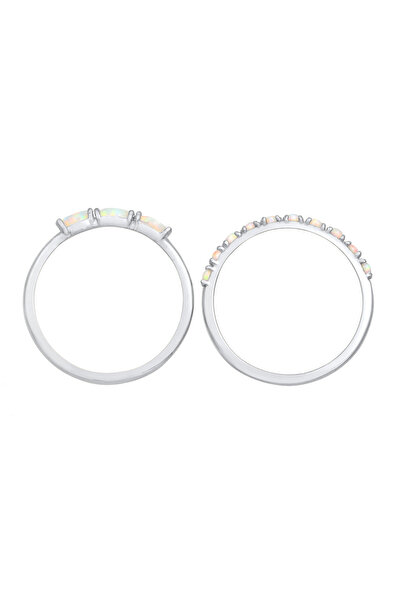 ELLI Elegantní dvojitý prsten se syntetickým opálem ze sterlingového stříbra 925, pozlacený