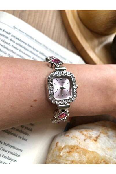 Coliseum Elegant Silver Inside Pink Women's Wristwatch with Square Stones
