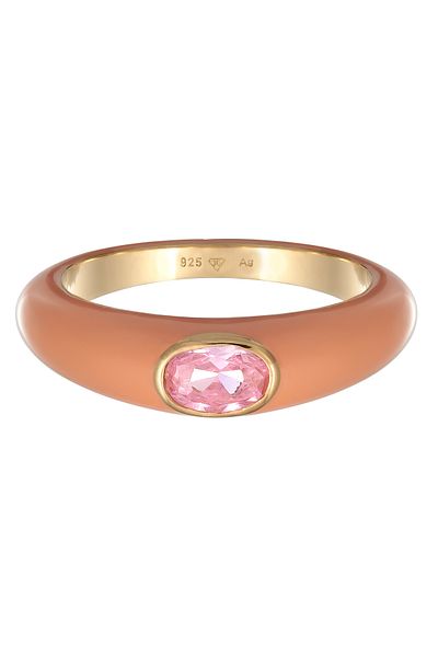 ELLI Ring Damen Solitär Oval mit Emaille Orange und Zirkonia Kristallen Grün aus 925 Sterling Silber Gold
