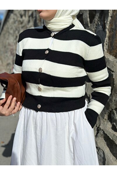 redcabin Tricotaj Cardigan scurt cu dungi în dungi alb-negru și în dungi alb-bej