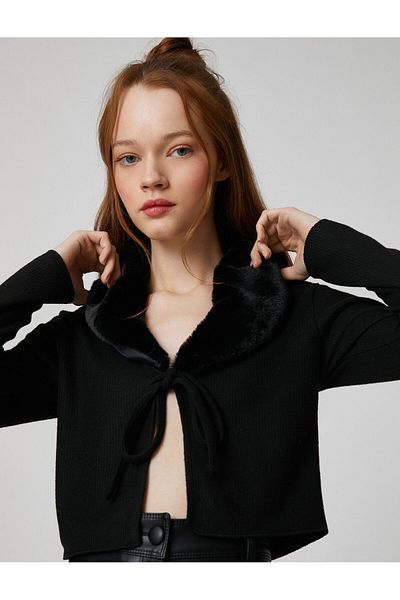 Koton Faux Fur Collar Cardigan Crop with Tie Detail Long Sleeve