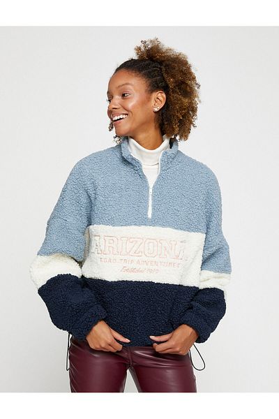 Koton Plush Oversize Sweatshirt with Zippered Collar and Slogan Embroidered