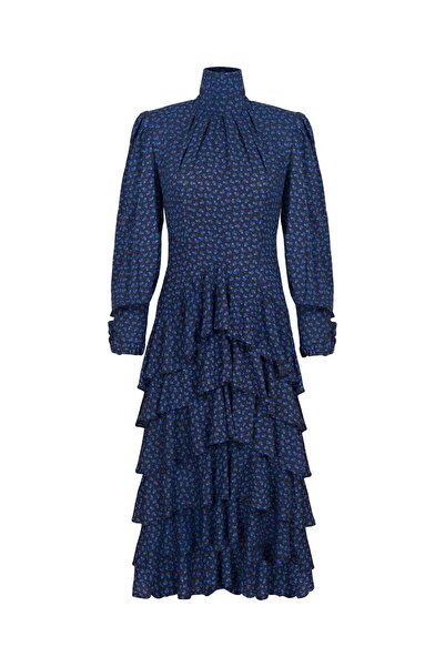 laulei Jasmine Fırfır Detaylı Mavi Midi Elbise