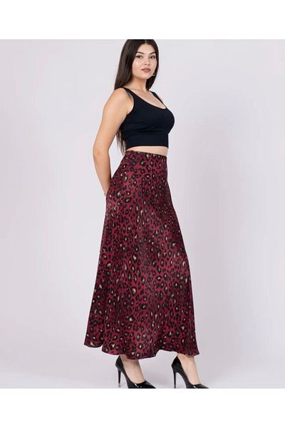 Yare Leopard Pattern Midi Length Claret Red Skirt