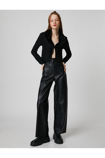 Koton Faux Fur Collar Cardigan Crop with Tie Detail Long Sleeve
