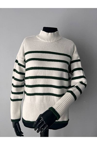 imoop design Women's Turtleneck Striped Knitwear Sweater