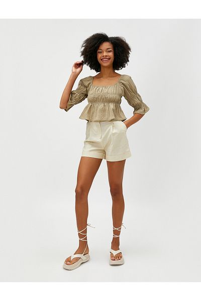 Koton Μπλούζα Cotton Crop - Τετράγωνο γιακά και σχέδιο κορδόνι