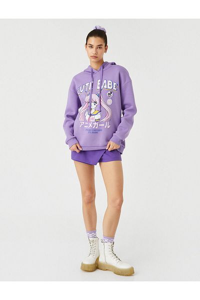Koton Übergroßes Kapuzenpullover mit Anime-Muster – gerippt