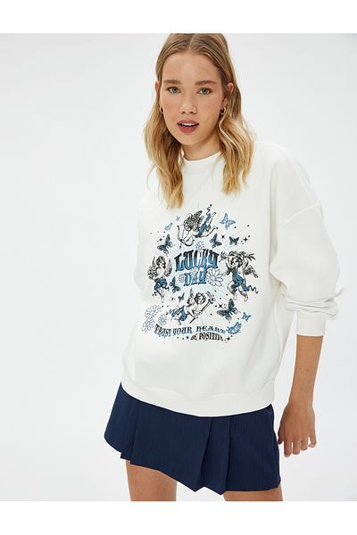 Koton Crew Neck Printed Long Sleeve Sweatshirt - Raised and Ribbed