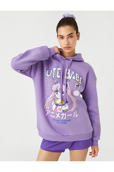 Koton Übergroßes Kapuzenpullover mit Anime-Muster – gerippt