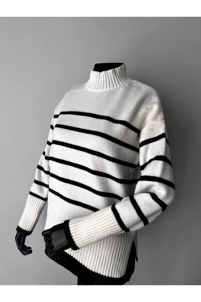 imoop design Women's Turtleneck Striped Knitwear Sweater