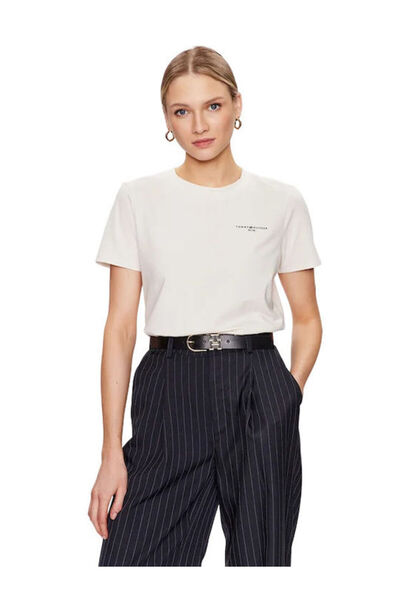 Tommy Hilfiger Kadın Pamuklu Yuvarlak Yaka Marka Logolu Beyaz T-Shirt WW0WW37...