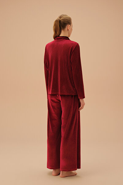 SUWEN Line Velvet Shirt Collar Pajama Set