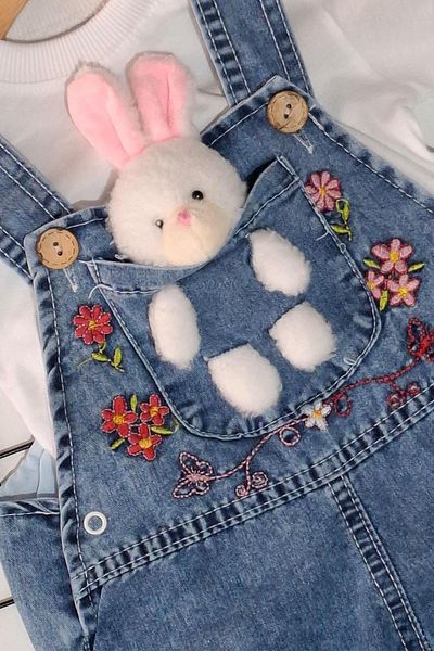 BEBECİBURADA Baby Girl Denim Salopet with Rabbit Toy