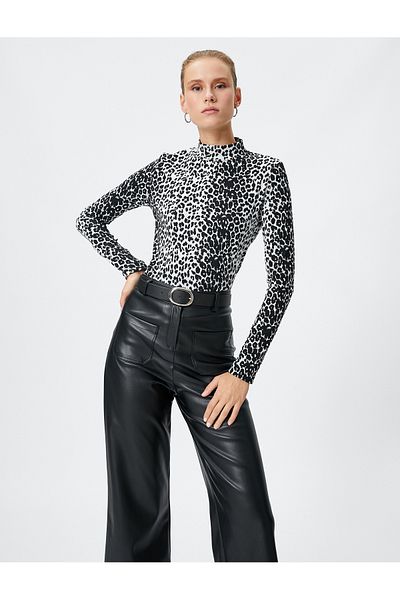 Koton Long Sleeve T-Shirt Half Turtleneck Leopard Pattern