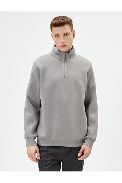 Koton Yarım Fermuarlı Sweatshirt Basic Dik Yaka Ribanalı Uzun Kollu Şardonlu