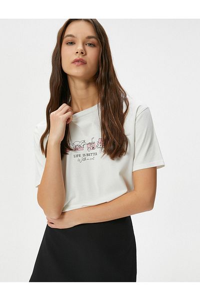 Koton Cat Printed T-Shirt Short Sleeve Crew Neck Cotton