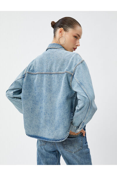 Koton Jachetă din denim cu buzunare brodate cu piatră, guler cămașă