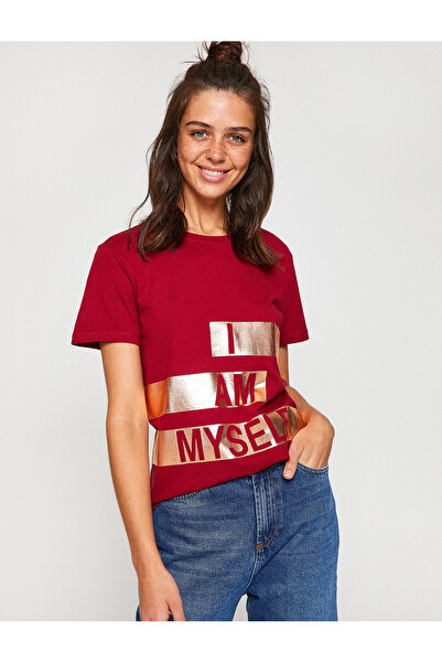 Koton Γυναικείο μπλουζάκι Claret Red printed κοντό μανίκι με λαιμόκοψη 8YAL11...