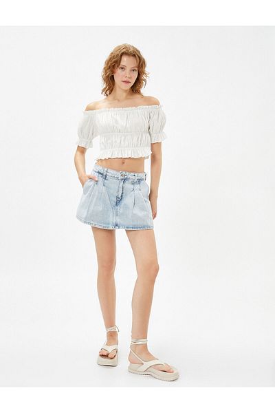 Koton Crop Madonna μπλούζα λαιμού Off Shoulder κοντό μανίκι βολάν με υφή