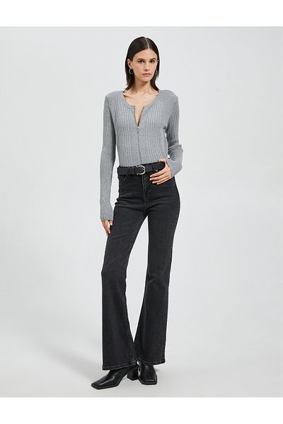 Koton Zippered Cardigan Ribbed Round Collar
