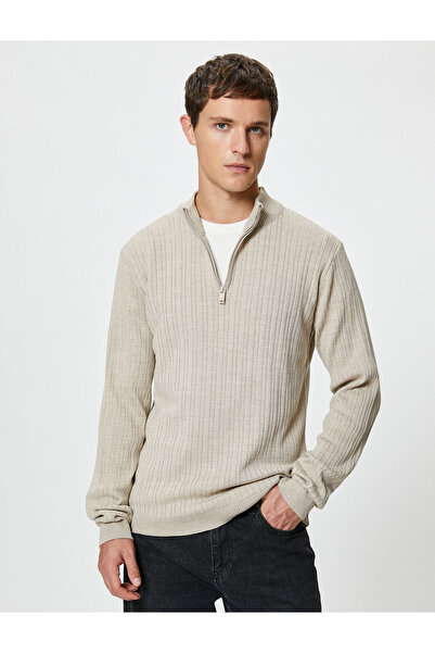Koton Half Zipper Sweater High Collar Textured Long Sleeve