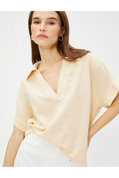 Koton Oversize ριγέ μπλούζα λινό γιακά πουκαμίσου