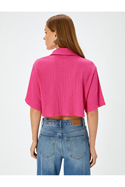 Koton Πουκάμισο Crop με υφή κοντό μανίκι με κουμπιά