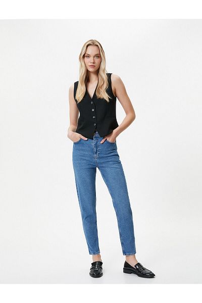 Koton Blugi slim cu talie înaltă, cu tăiere relaxată, cu picior scurt, din bumbac elastic - Mom Jean