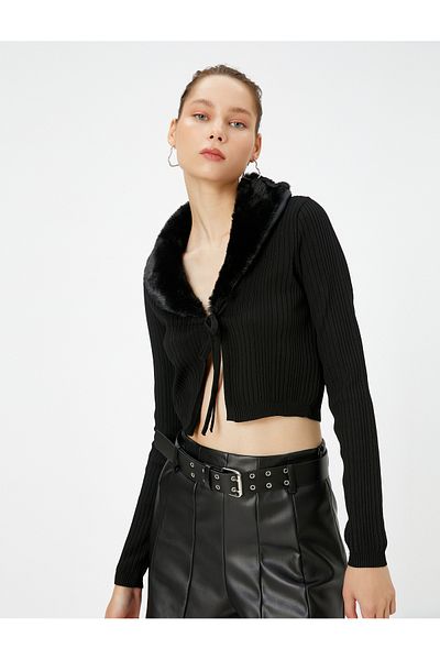 Koton Faux Fur Collar Knitwear Cardigan Tie Front Long Sleeve