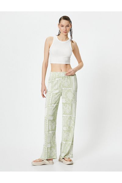 Koton Ethnic Patterned Wide Leg Trousers Comfortable Fit High Waist
