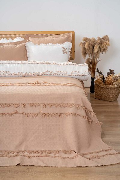 Rivaİstanbul Brianna Beige Double Duvet Cover Bedspread 100% Cotton - 7 Piece Dowry Set