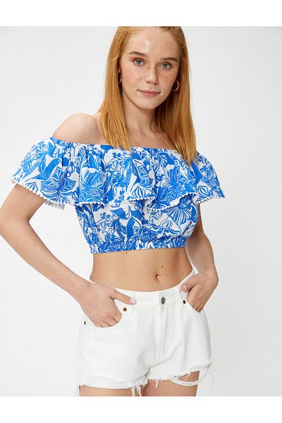 Koton Crop Off Shoulder Μπλούζα Madonna γιακά με βολάν