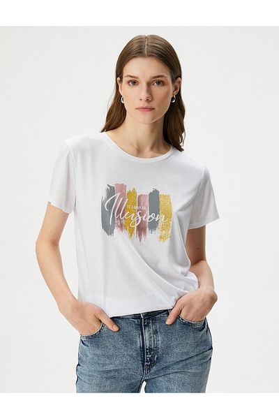 Koton Bedrucktes T-Shirt Kurzarm Rundhals Viskose-Mischgewebe Regular Fit