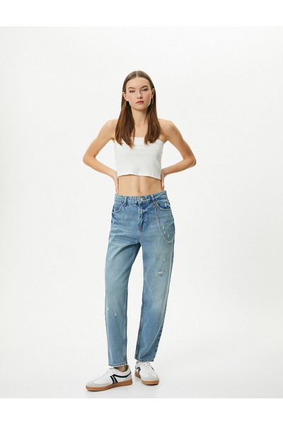 Koton Mom Jeans Standard Talie Lanț Buzunar Detaliat Bumbac - Mom Jean
