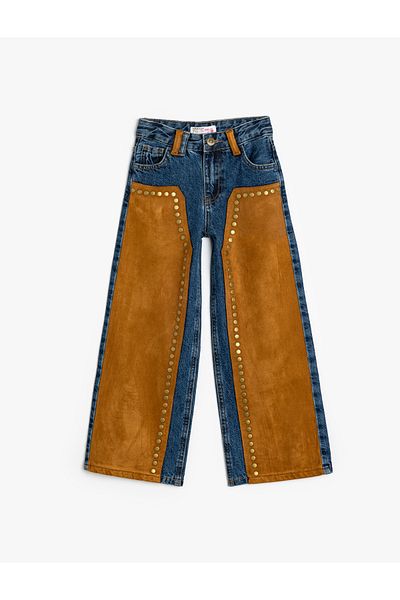 Koton Suede Detailed Jeans Wide Leg Studded Pocket Cotton - Wide Leg Jeans