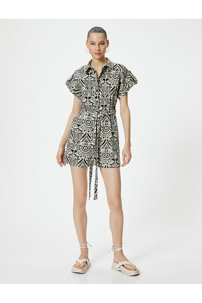 Koton Shorts Jumpsuit Short Sleeve Buttoned Ethnic Patterned Waist Belted Cotton