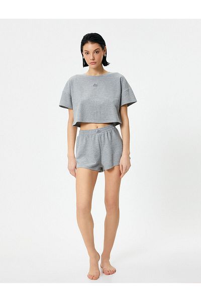 Koton Crop Pijama Top mânecă scurtă Decolteu Crew Eticheta detaliată Texturata