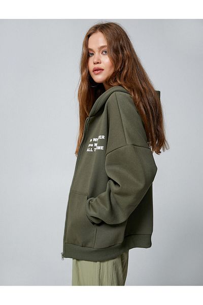 Koton Zippered Sweatshirt Hooded Slogan Printed Pockets Inside Fleece
