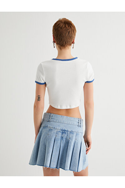 Koton Tričko Paris Crop s potištěným krátkým rukávem Crew Neck Slim Fit