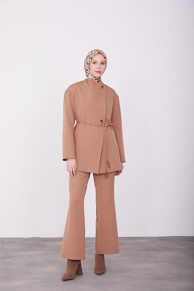 Armine Asymmetrical Front Trousers Suit, 23K6734 Almond Model
