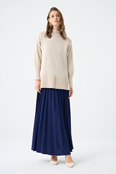 Mizalle Basic Örme Pliseli Krep Lacivert Etek
