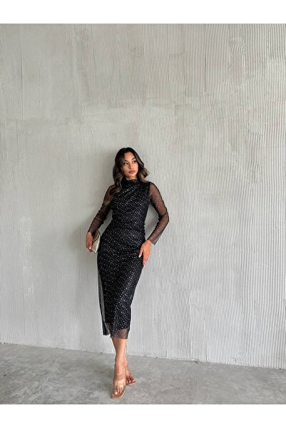 Monapera Kadın Siyah Hakim Yaka Gümüş Puantiye Detay Transparan Tül Kollu Astarlı Drapeli Midi Abiye Elbise