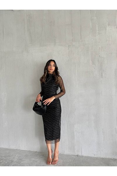 Monapera Black Silver Polka Dot - Draped Midi Women's Evening Dress with Tulle Sleeves and Lining