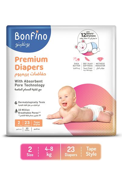 Bonfino Premium Tape Diapers,Paraben Free,Phthalate Free,Dermatologically Tested,Size 2 - 23 Pieces